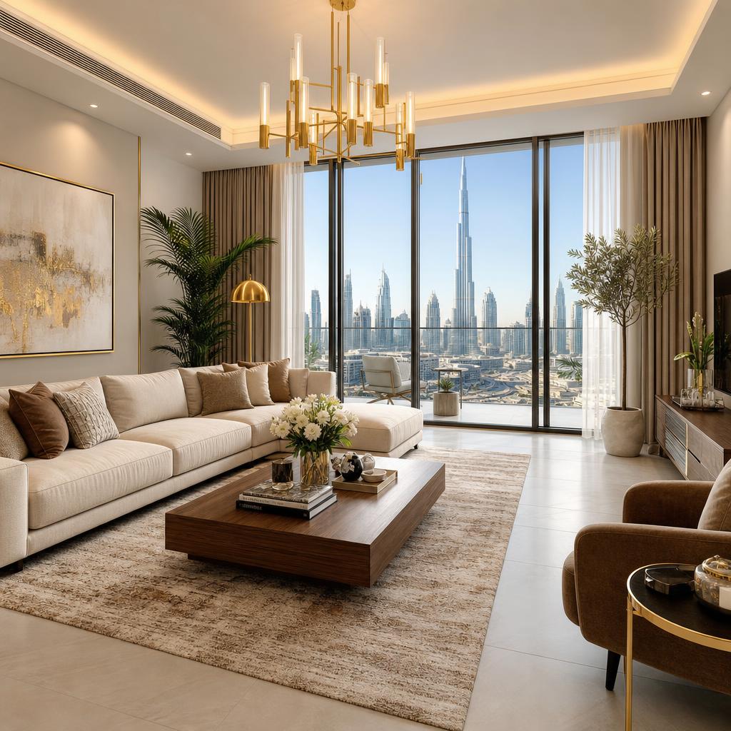 After — AI-furnished Dubai living room render