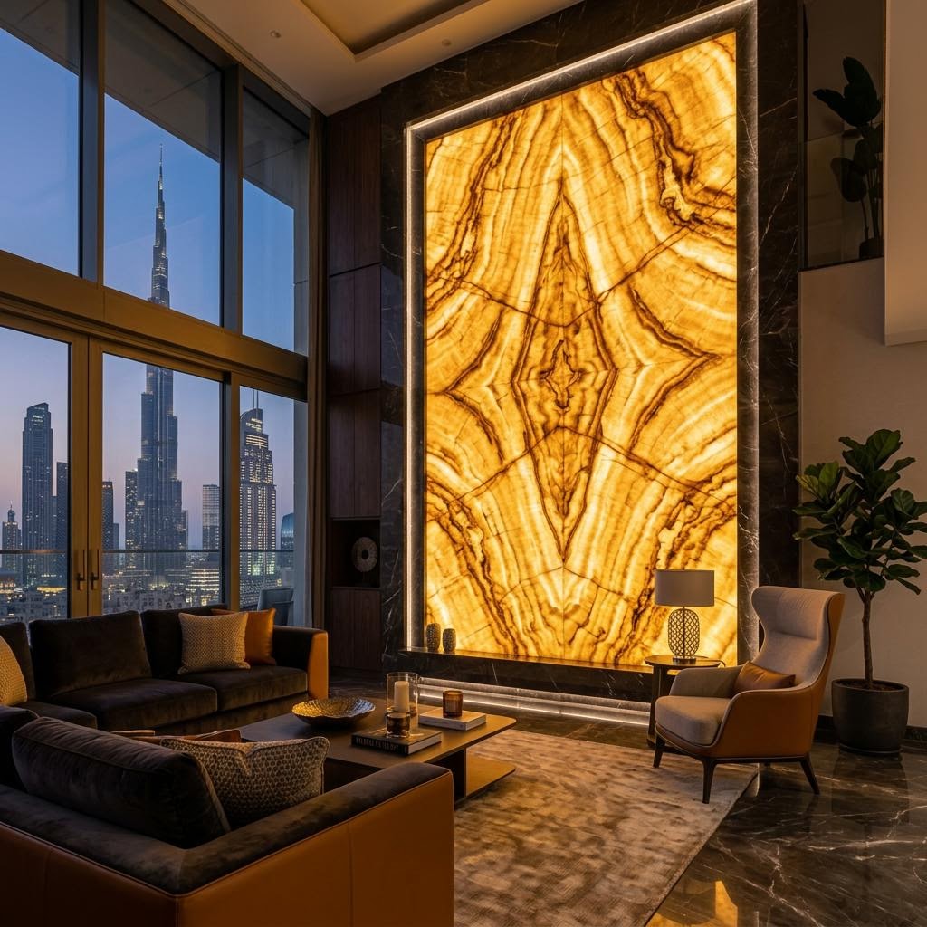 Onyx & Backlit Feature Stone — Living Room by Zorinia Design