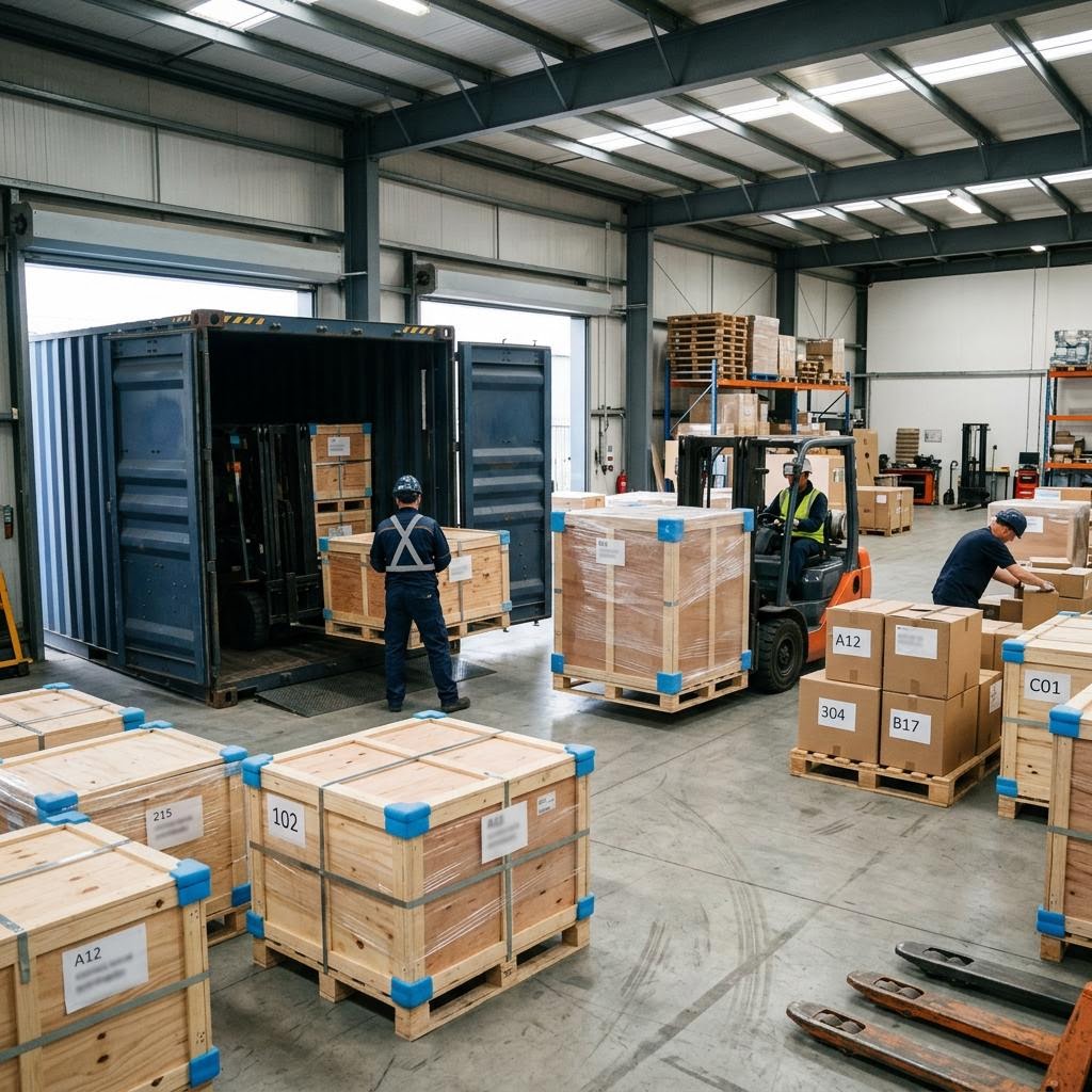 Export-packed furniture crates labelled room by room being loaded for shipping to Dubai